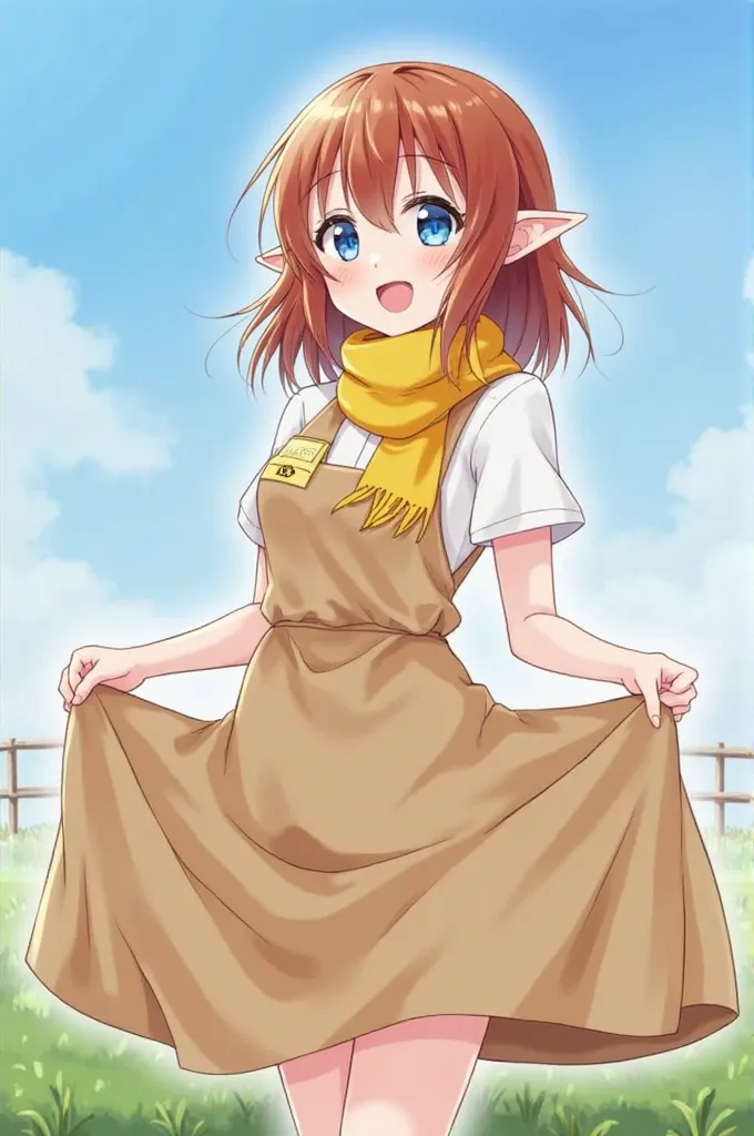 masterpiece, the best quality, 1 girl, Alone ,  mal0n, Brown hair, long hair, Pointy Ears, blue eyes, yellow scarf, Golden brooch,  white shirt, short sleeves, skirt,  address,  brown apron , upper body, looking at the spectator,  smile, farm,  blue sky, a...