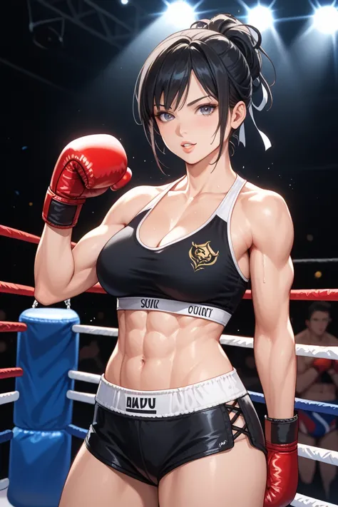 Women's 18 years old ，skin white and light，Cool and elegant， Black Long Straight Hair，C cup，156 cm， Black Lace，black hot pants，boxer，Nationality is Japan，background for boxing tournament