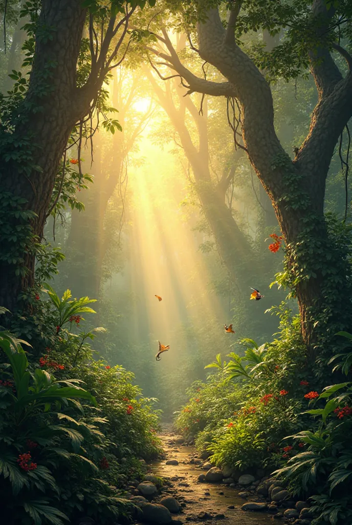 A dense jungle at dawn, with sunlight breaking through the trees, creating a mystical atmosphere