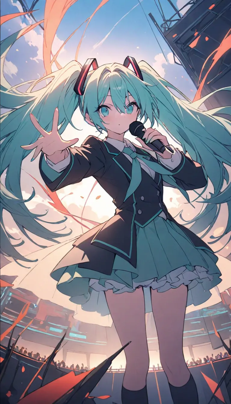 nice, masterpiece, 最high quality, landscape, high resolution,4K,  wallpaper, masterpiece, 最high quality, high quality, anime,   Hatsune Miku,  school uniform, Singing , microphone