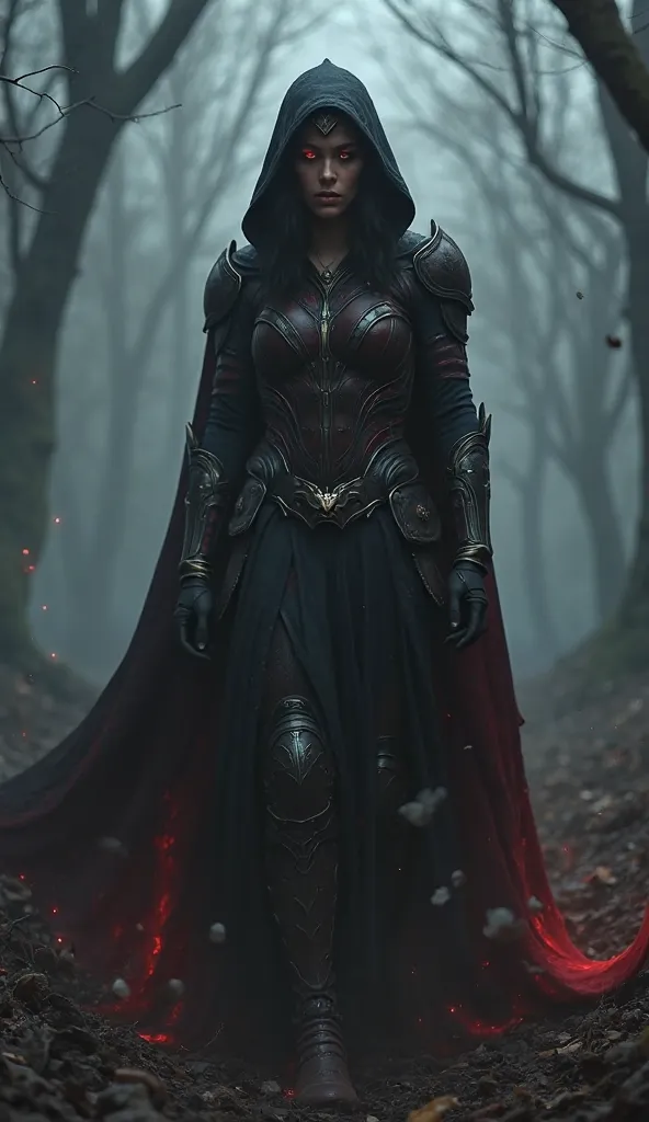 Woman- Dark Wonder — A mysterious and intimidating version of the heroine, wearing a black hoodie that covers part of her face, leaving only her glowing eyes visible under the shadow. Her armor is dark with details in deep red, reflecting a dark and hidden...