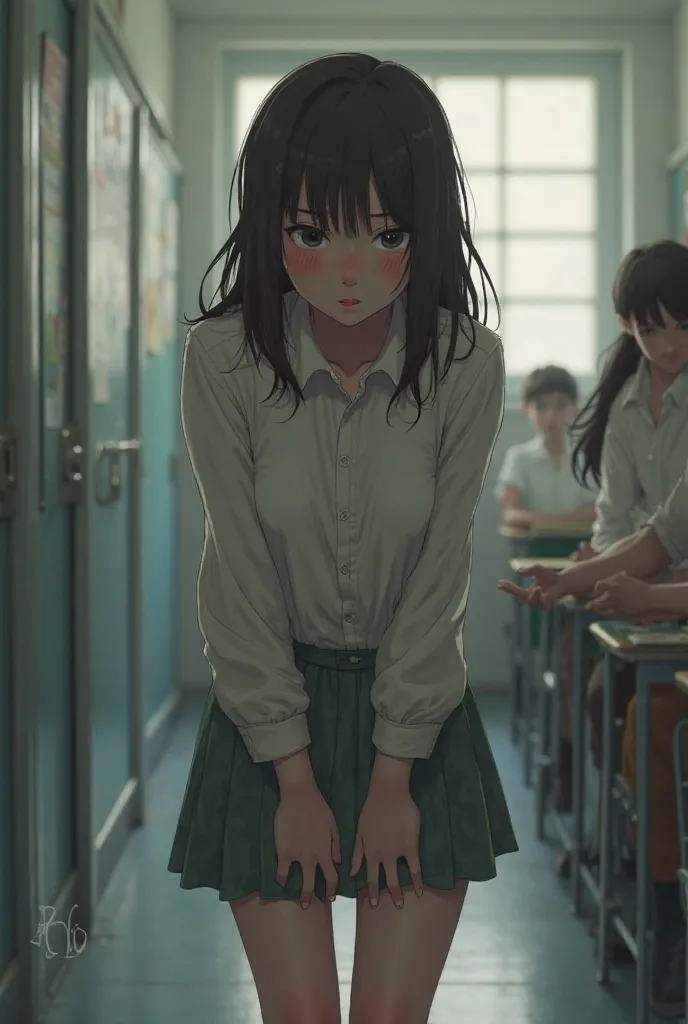 Female student who is shy because she gets tired of holding pee while wearing underwear
