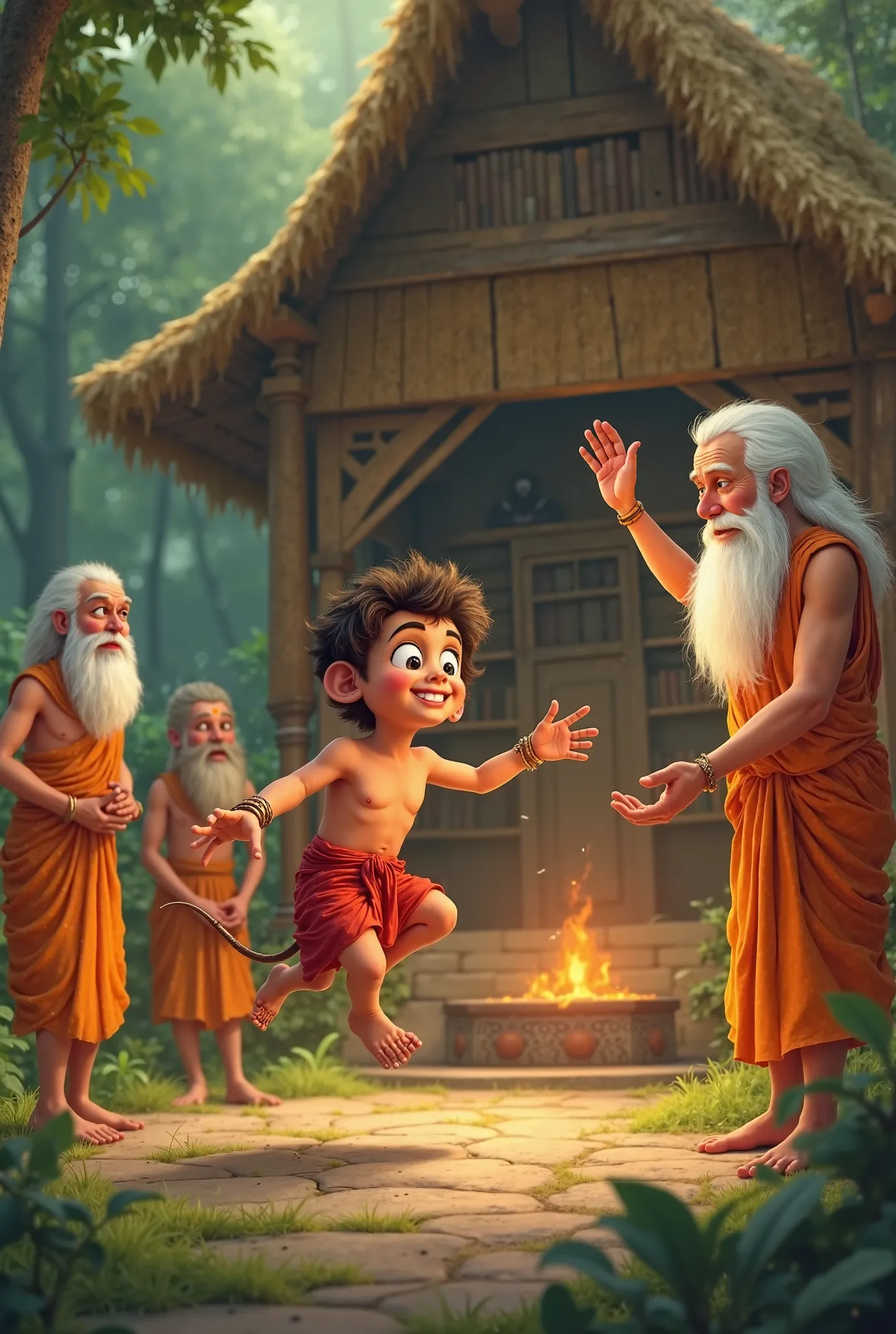 A playful young Hanuman, with big, mischievous eyes and his signature red dhoti, is jumping around an ancient sage’s ashram, playfully pulling a sage’s long white beard. Other sages, wearing saffron robes, look at him with frustration and surprise. One eld...