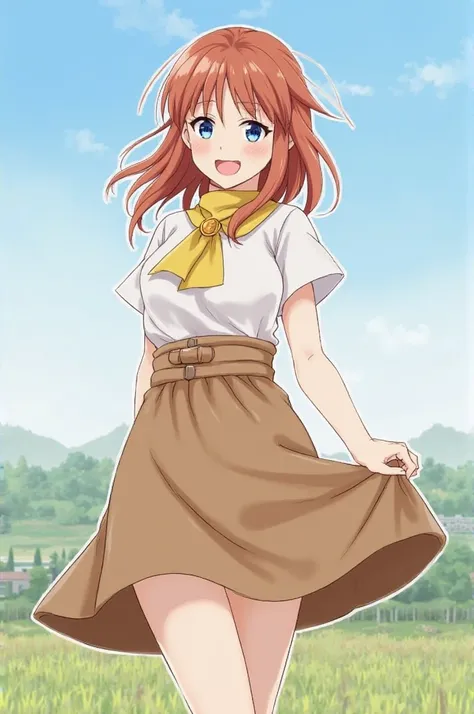 masterpiece, the best quality, 1 girl, Alone ,  mal0n, Brown hair, long hair, Pointy Ears, blue eyes, yellow scarf, Golden brooch,  white shirt, short sleeves, skirt,  address,  brown apron , upper body, looking at the spectator,  smile, farm,  blue sky, a...