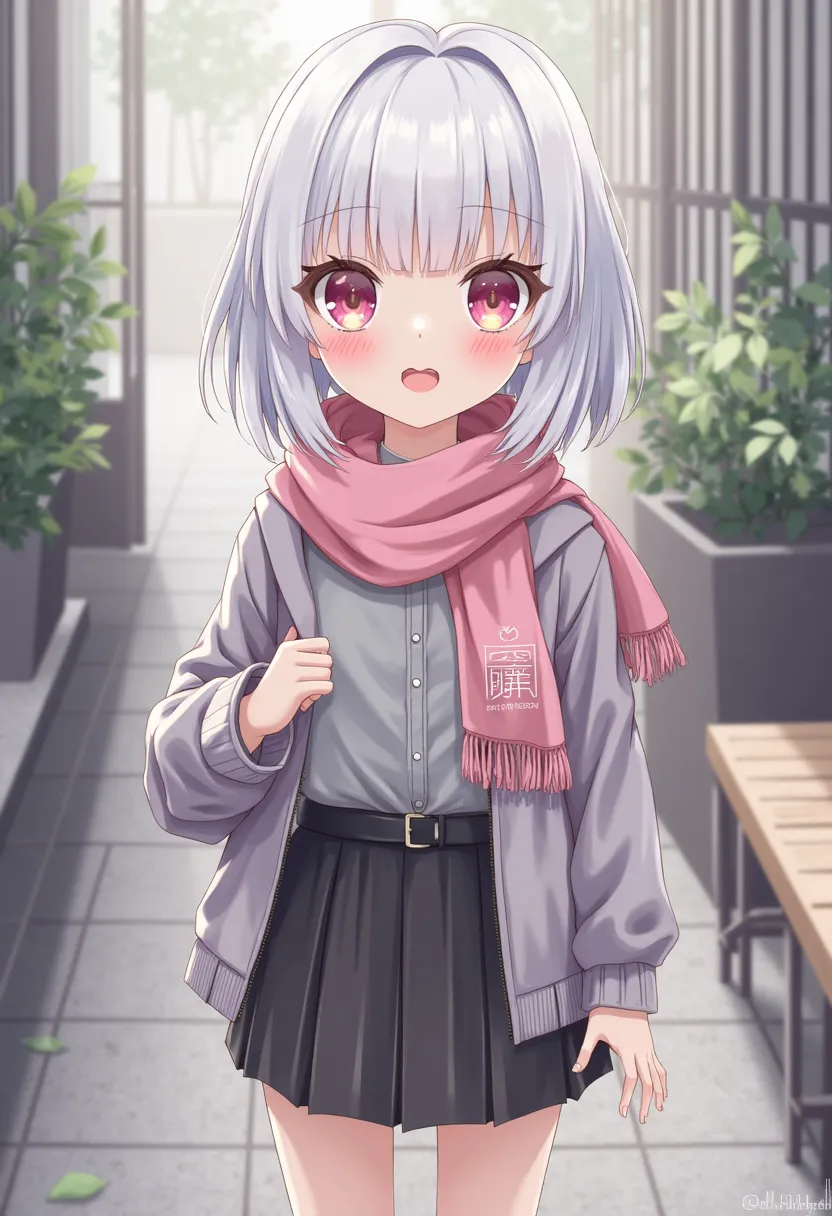 A girl with hair a little above her shoulders and a white fringe, ojos rosados, a gray blouse with a pink scarf, a skirt a little above the knees, and a half below the knee and a school sneaker