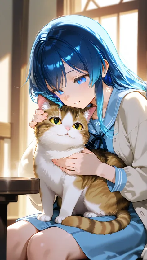 masterpiece, best quality, 1 person,girl,cat,name,Living things,yellow eyes,blue hair,double piece,