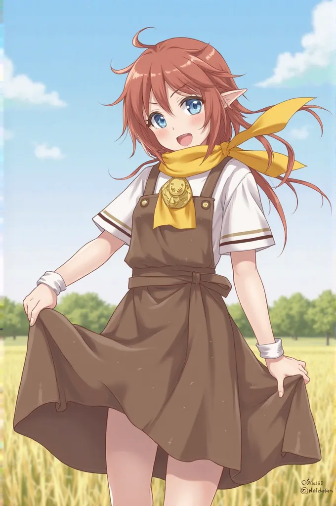 masterpiece, the best quality, 1 girl, Alone ,  mal0n, Brown hair, long hair, Pointy Ears, blue eyes, yellow scarf, Golden brooch,  white shirt, short sleeves, skirt,  address,  brown apron , upper body, looking at the spectator,  smile, farm,  blue sky, a...