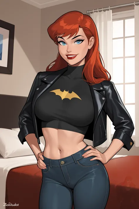 1980s (style), retro artstyle, source_cartoon, score_9, score_8_up, score_7_up, score_6_up, ((zPDXL2)), (cartoon, highly detailed, masterpiece, absurd resolution, perfect anatomy), cowboy shot BREAK barbara gordon, long hair, red hair, blue eyes, solo, rai...