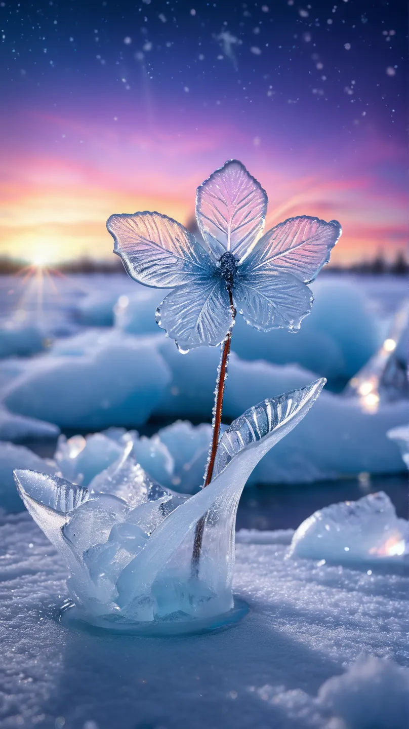 Ice Land、One ice flower is blooming from a rift in the ice、An ice butterfly perched on a flower、 Snowflakes、 auroras、Spotlight、glitter effect to mask,  lens flare, background blur, 