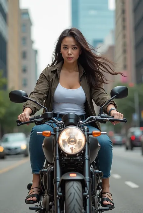 beautiful Asian woman,wavy hair,perfect and sexy body,medium breasts,wearing a white t shirt covered dark brown jacket,dark blue jeans fitting,black belt and black high sandals,his riding a YAMAHA R6 STANDARD motor bike on the detroits streets.high bulging...