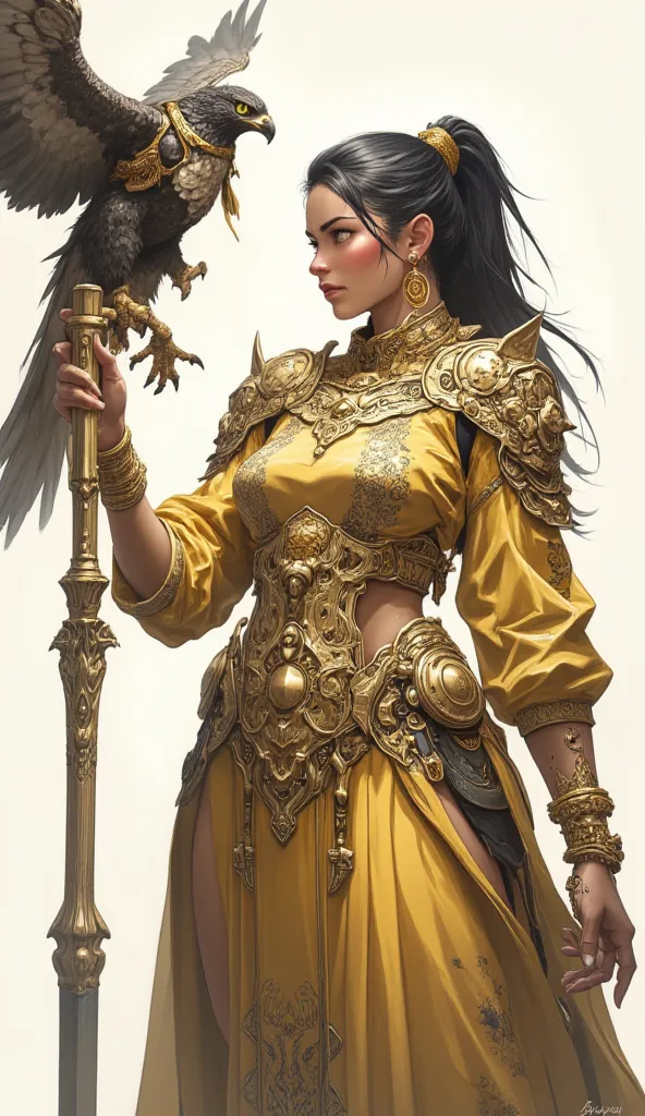 A realistic image of a beautiful female warrior in fantasy-inspired armor. She has long, flowing black hair tied up in a high ponytail, adorned with a golden crown and intricate jewelry. Her outfit consists of gold-woven fabric with delicate patterns and a...