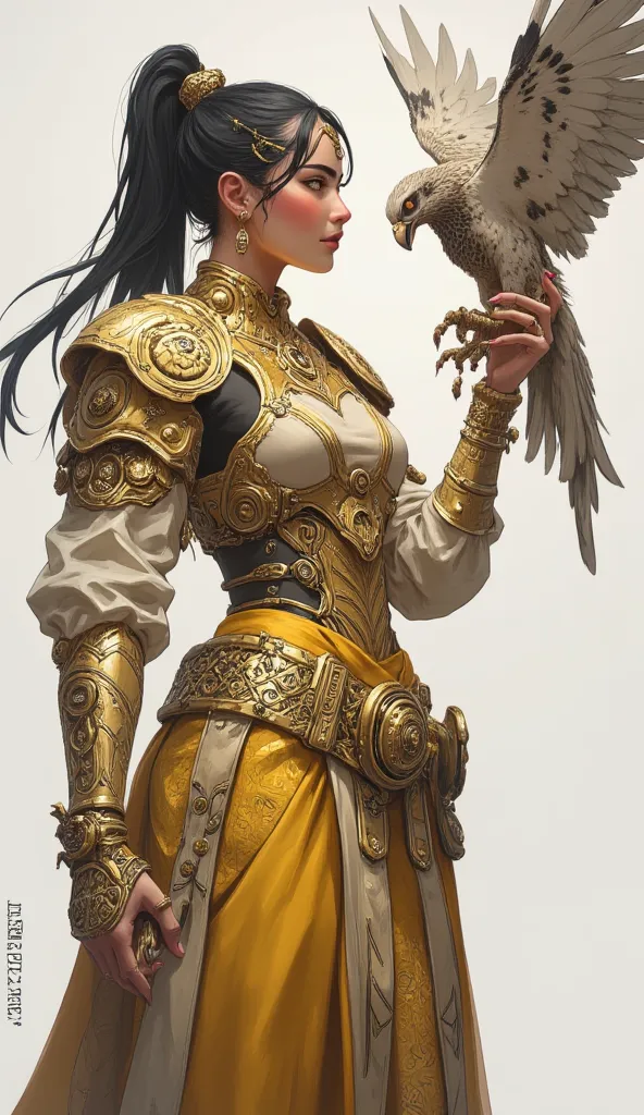 A realistic image of a beautiful female warrior in fantasy-inspired armor. She has long, flowing black hair tied up in a high ponytail, adorned with a golden crown and intricate jewelry. Her outfit consists of gold-woven fabric with delicate patterns and a...