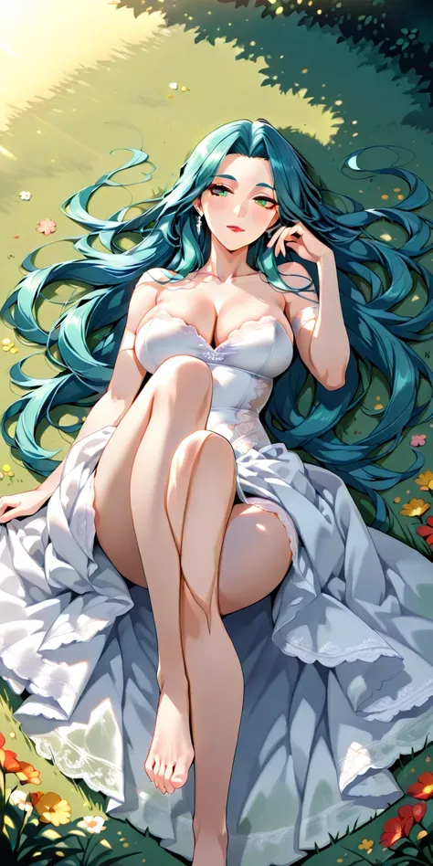 masterpiece, Detailed high definition, Lum de urusai, Blue hair emerald green wedding dress. In a field of flowers and grass, Lying down, bare feet, Rods Cherry Lips 