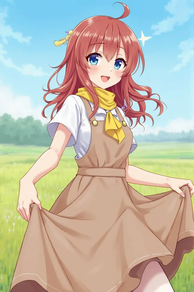 masterpiece, the best quality, 1 girl, Alone ,  mal0n, Brown hair, long hair, Pointy Ears, blue eyes, yellow scarf, Golden brooch,  white shirt, short sleeves, skirt,  address,  brown apron , upper body, looking at the spectator,  smile, farm,  blue sky, a...