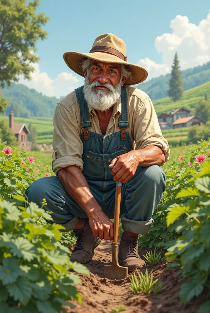 Generate an image of a farmer who loves to do organic farming make it in action in the sense he is doing work in the farm