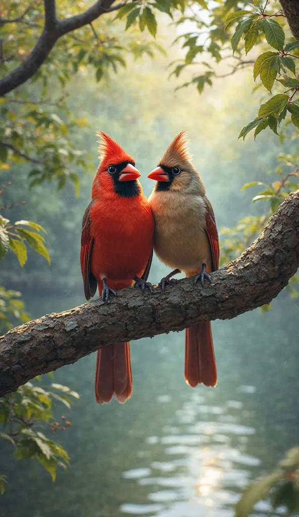 Northern Cardinal male and female birds sitting on the tree branch near the lake,greenery background 