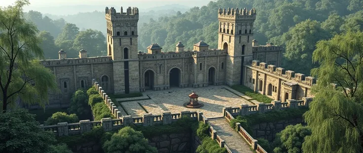 (photorealism:1.3), large stone fortified temple fortress city in the middle of the deep woods, there are walls and a couple of spires, there are a few small stone intricately detailed temples, dynamic stone, dynamic forestry, edges of foliage and some bit...