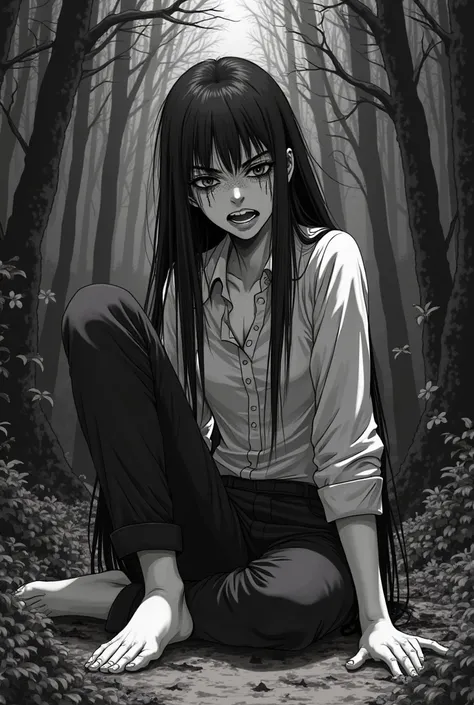 Dinner manga,  Black and white, Long brown-haired woman with knees bent on the dirt floor, wearing pants and blouse, with black body veins ,looking forward in anger and pain,  crying,  forest, dark power, anime style, action 