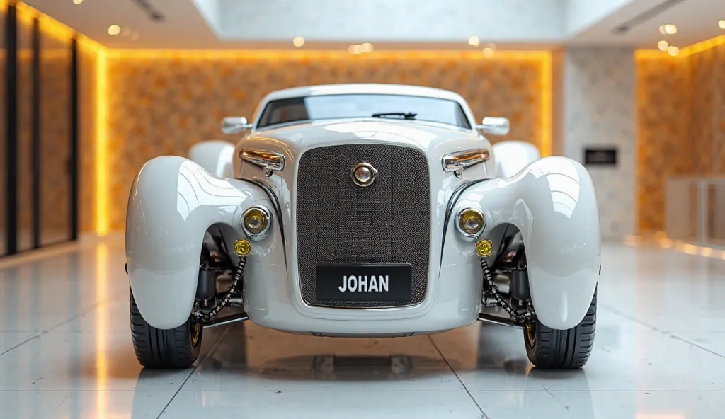 create an ultra-detailed 3D render straight front view , of a modern 2025  Johan Dera tractor with a bold design captured from straight front view. The car should feature a 'Gleamy shiny silver color with a 'brand'   ' logo on its front, a large silver det...