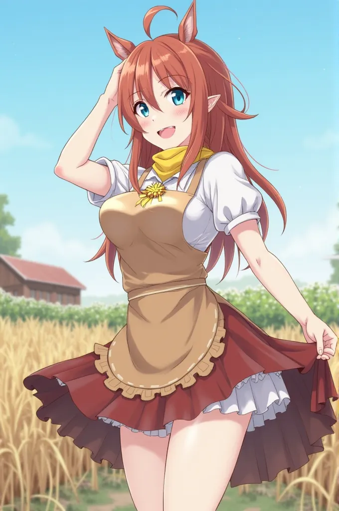 masterpiece, the best quality, 1 girl, Alone ,  mal0n, Brown hair, long hair, Pointy Ears, blue eyes, yellow scarf, Golden brooch,  white shirt, short sleeves, skirt,  address,  brown apron , upper body, looking at the spectator,  smile, farm,  blue sky, a...