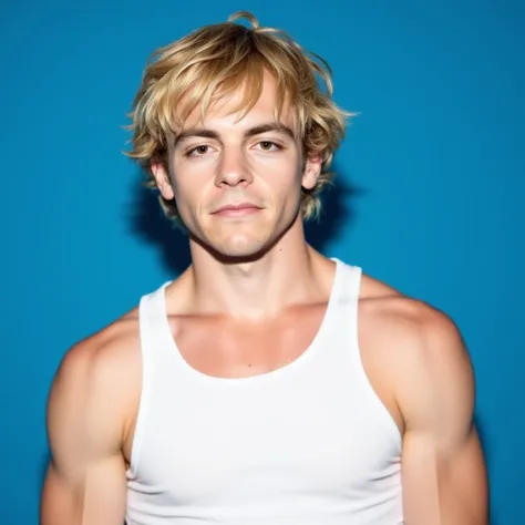 Ross Lynch, an upper-body high-resolution photo of a confident Ross Lynch standing against a solid blue background. He wears a tight fitted white tank top, the fabric of the tank top framing his broad shoulders and hinting at his athletic physique beneath....