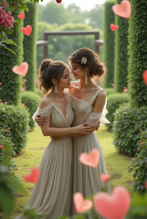 lovers in a park environment with roses and hearts