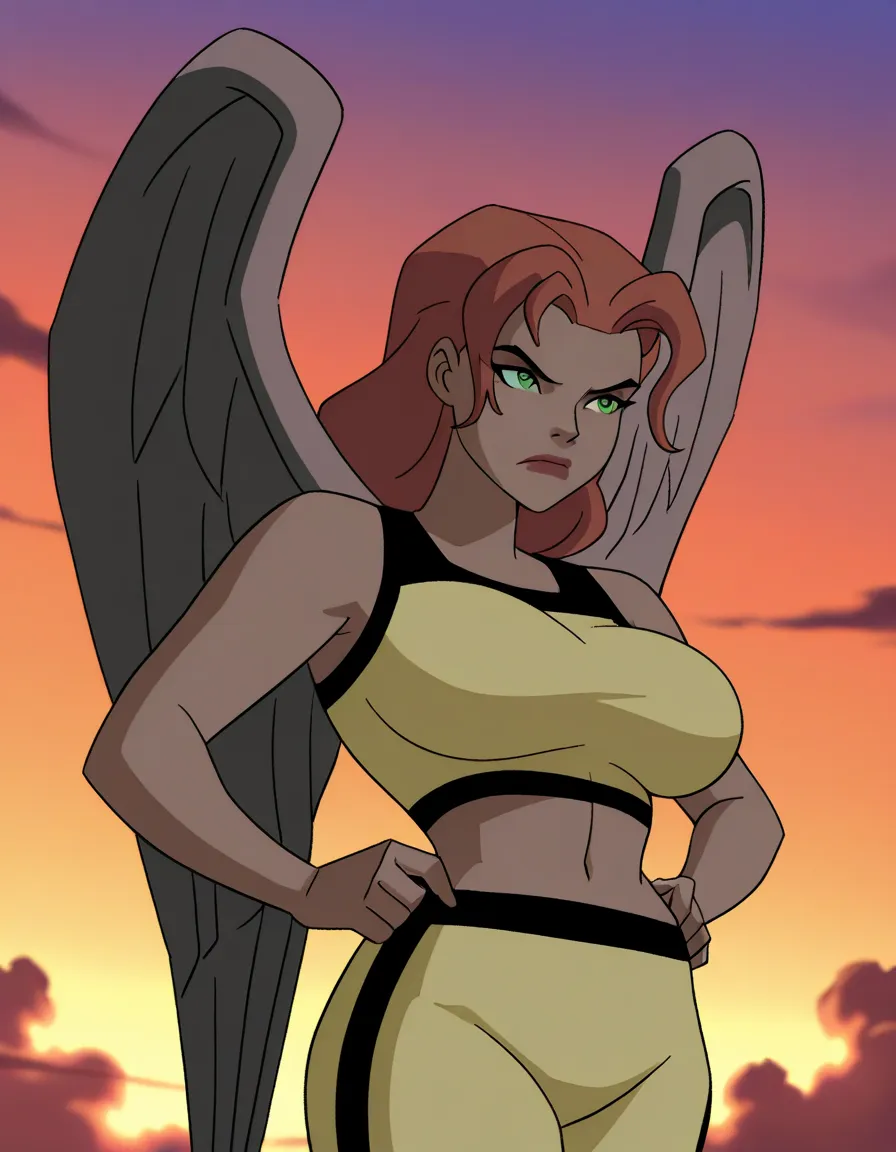 masterpiece, best quality, dcaustyle, 1girl, solo, upper body, shayera hol, feathered wings, green eyes, orange hair, parted bangs, yellow sports bra, yellow track pants, huge breasts, midriff, floating, midair, hands on hips, sky, sunset, cloud, serious, ...