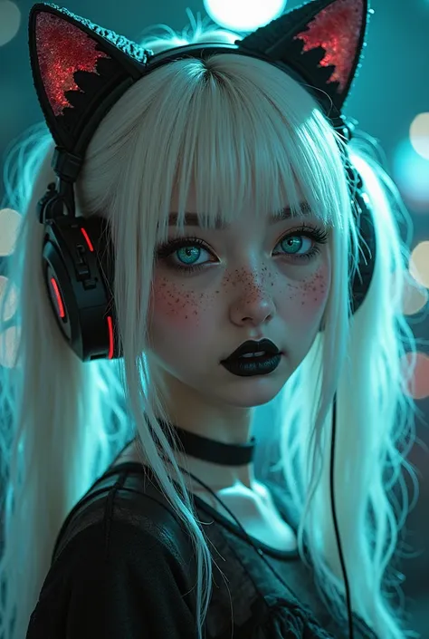 Beautiful gamer girl with platinum blonde hair, with two pigtails,  one on each side , with cat eye cut lenses,  with a thin frame , with gamer headphones with cat ears, with a Gothic look , black lips and big turquoise eyes and freckles on the face