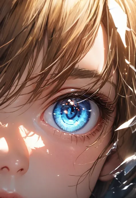 Beautiful girls, blue eyes,glow eyes, broken glass shard, brown eyebrows, close up, detailed lighting, UHD, edge lighting, Masterpiece, detailed eyes, highest quality, realistic