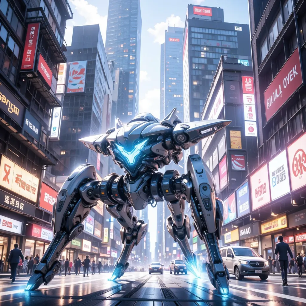 The office district of Tokyo, a futuristic city。Ghost in the Shell Tachikoma is speeding down the road。