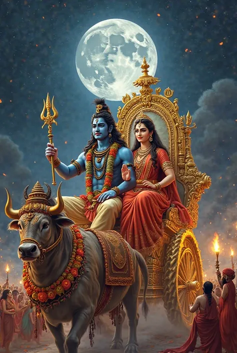 "A divine scene of Lord Shiva and Goddess Parvati seated on a beautifully decorated golden chariot, adorned with intricate carvings and floral garlands. Lord Shiva, with blue skin, wearing a tiger skin, holding a trident (Trishul) and a damaru, blessing hi...