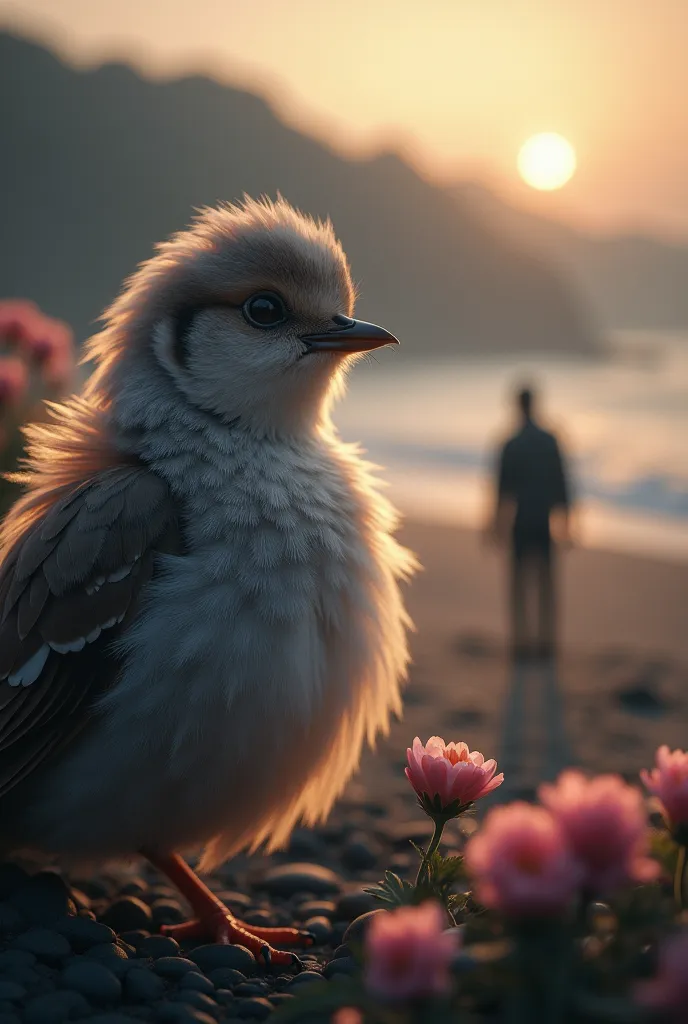 A captivating close-up of a gorgeous little bird illuminated by soft golden light on a peaceful morning, with vibrant bouquet balls gently framing its delicate form..