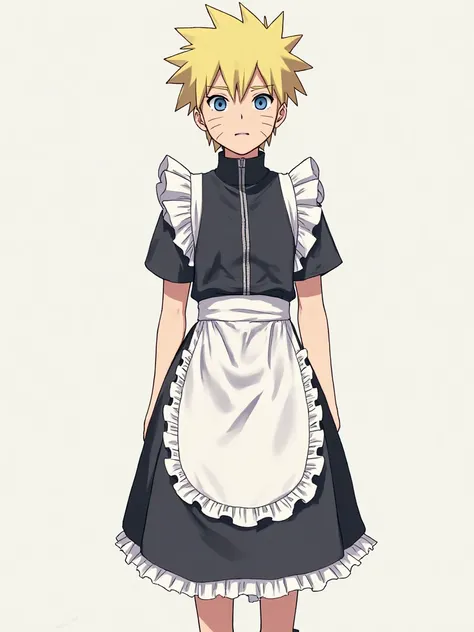 Naruto boy Short Hair, Blonde Hair, spiky hair, Blue eyes, Reference Sheet, maid outfit, 