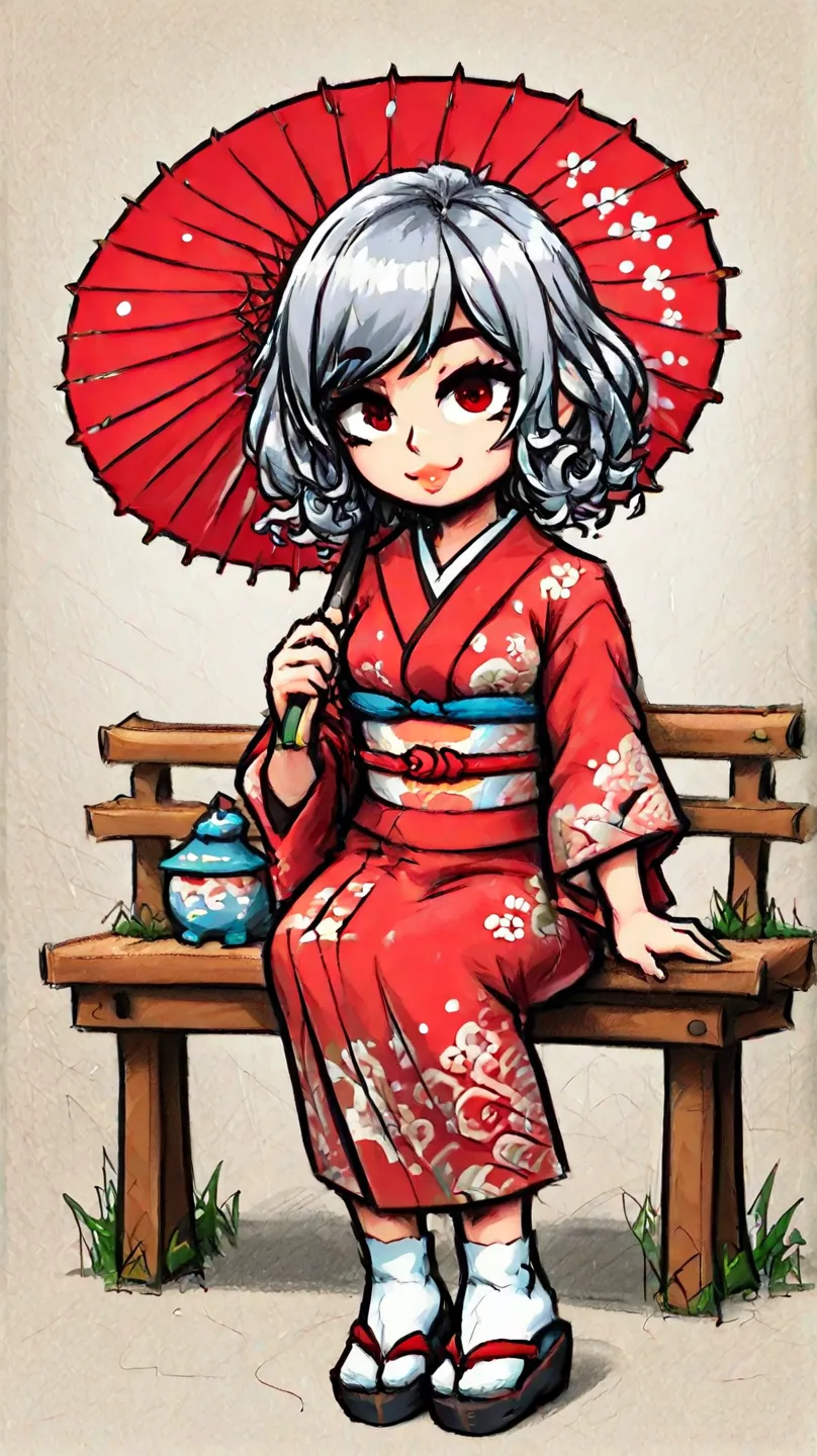 A Japanese grandma. She has short, curly silver hair. She is holding a Japanese umbrella. She is wearing a dark red Japanese kimono that reaches down to her ankles. A full-body figure drawn in the style of American comics. Super high resolution, super deta...