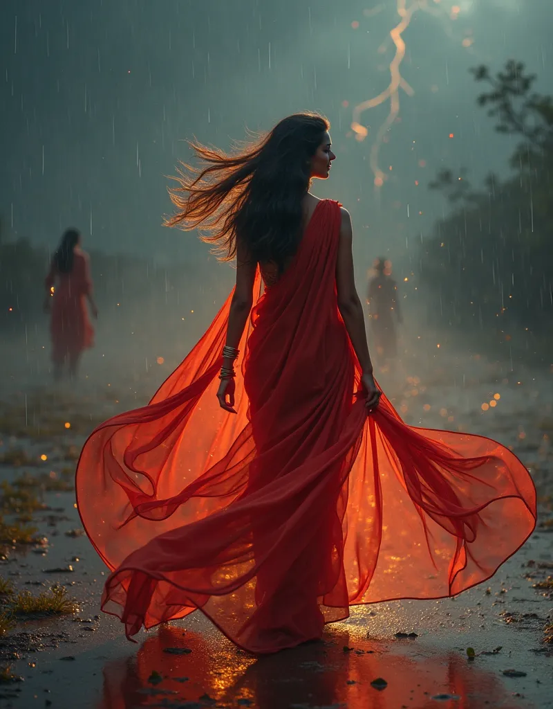 A (Sensual Walking in the Wind), a beautiful 45yo old Indian women, translucent flowing red traditional Saree resembling cascading Wind, flowing hair all directions. The fabric of the Saree billows outward in all directions, dissolution of reality, pixelat...