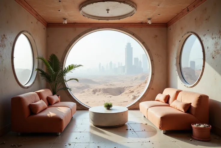 In the vividly futuristic yet realistically decayed room, a beautiful minimalist decoration captures the eye. Beyond, a large window reveals the Martian city in all its futuristic glory. This stunning image, whether a painting or a photograph, showcases sl...