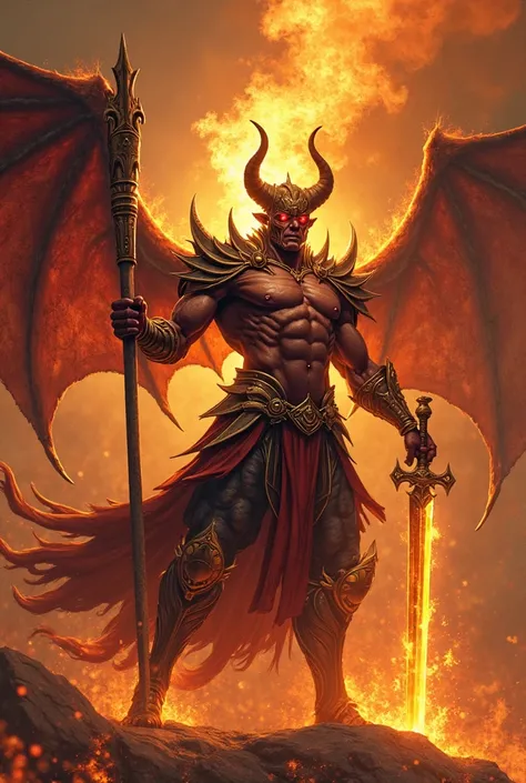 A close up of a card with the image of a man with a sword.,  Conjuring Armored Flames  , Full Art,  muscular humanoid demon Balrog ,  Elegant dream demon , Valkyrie Anubis mystical , Burning hell, legendary god holding a spear, combat stance energy, sfw ve...