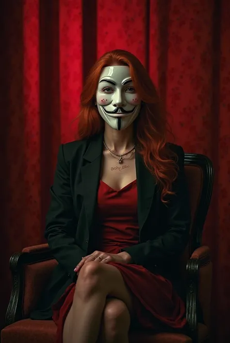 Create a realistic luminous photo young woman with red hair color, the woman is wearing a formal dress with blazer black WHILE Holding a anonymous Mask. Sitting in the chair center of stage. The backgroud curtains stage. She is Written "ayah" in Necklace. ...