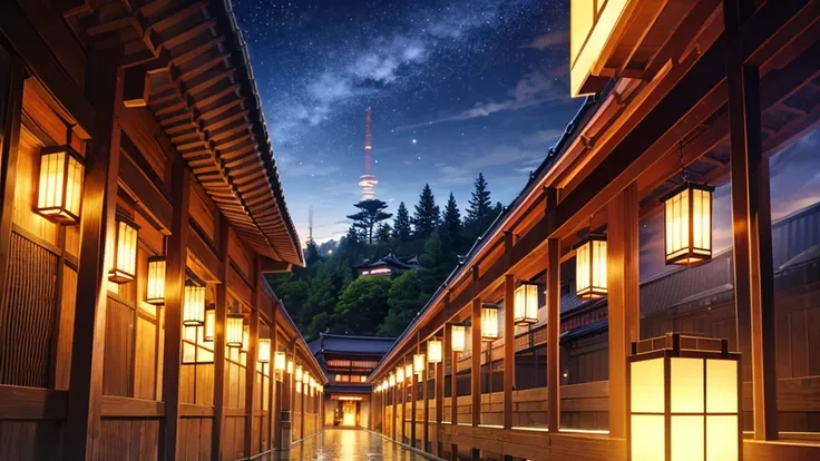 japanese temple, japanese lanterns, japanese light, rural village, rural village festival, japan, kimono, harvest festival, low illumination, low light, dark ambience, (night), dark