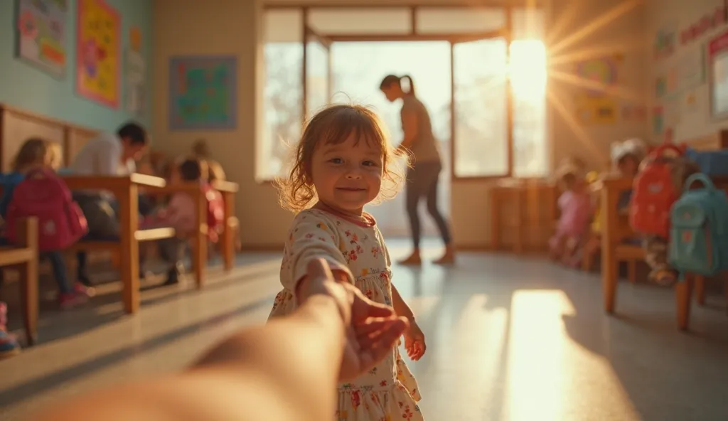 An ultra-realistic, nostalgic scene set in the 90s, filmed in first-person POV. The image shows a small, delicate hand gripping the hand of a caring mother. The , whose perspective we see, is slightly behind as the mother walks ahead but turns her head ful...