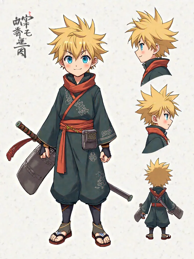 Naruto boy Short Hair, Blonde Hair, spiky hair, Blue eyes, Reference Sheet, Chinese outfits, 