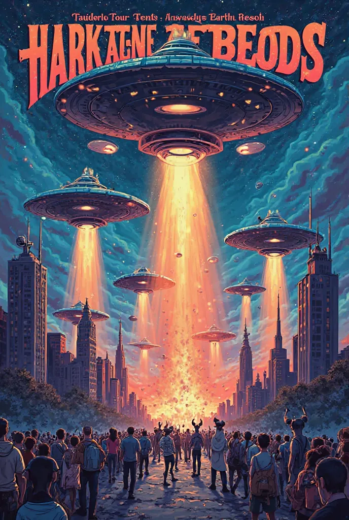 Alien invasion ,Tour Poster .Flying Ufo all in cartoon style