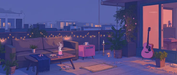 Rooftop at night、nighttime scene、outside of house、with no people、Calm and meditative atmosphere、houseplant、Lo-fi atmosphere、String Light、Cozy sofa、Pink radio with retro design、Hot coffee on the coffee table、Warm blanket、Scattered books、There is an acoustic...