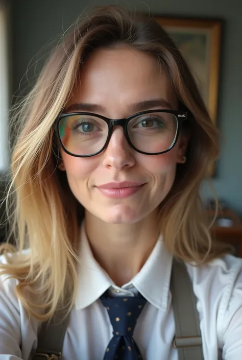 there is a woman with glasses and a tie posing for a picture, with accurate face, selfie shot straight on angle, with glasses on, !!wearing modern glasses!!, with glasses, selfie photo, not blurry, spectacled, !!wearing glasses!!, blurry image, close up fa...