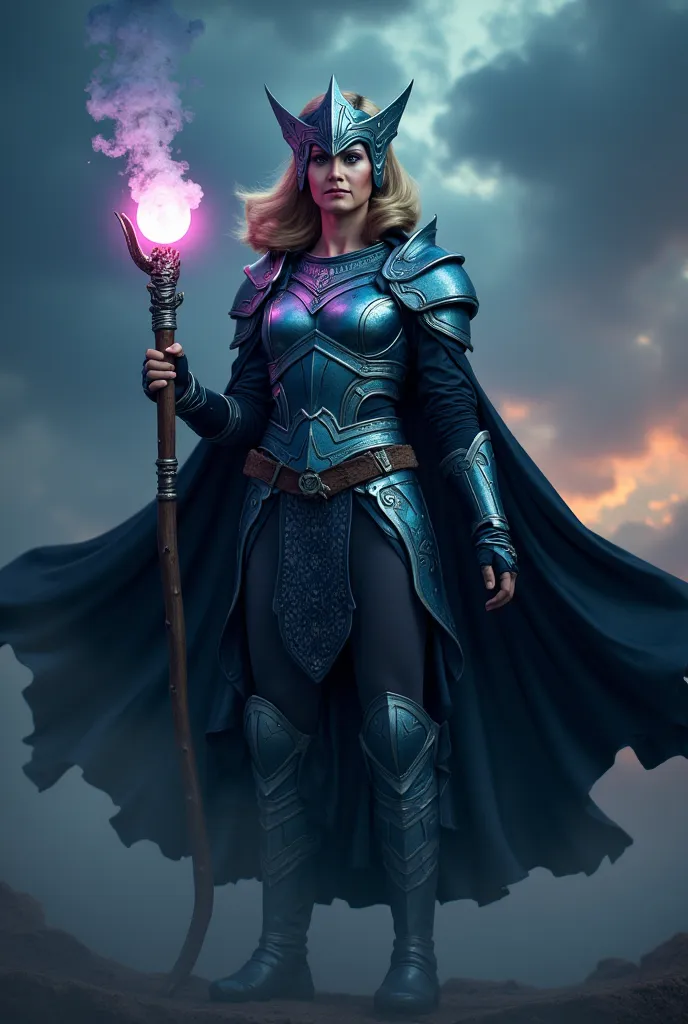 A potrait featuring a female warrior standing confidently against a dramatic sky filled with dark, swirling clouds. She has a light skin tone and is adorned in intricate, metallic armor with a blue and silver color scheme, including a helmet with sharp, an...