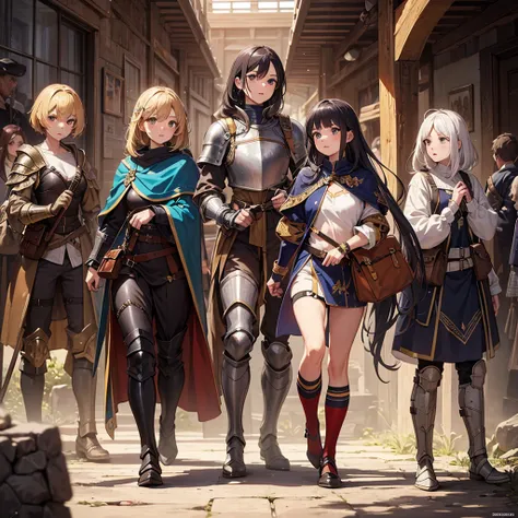 High quality, super detailed, top quality, highly detailed, beautiful, masterpiece, vibrant colors, shiny skin, perfect anatomy, female group, harem, knights, armor, medieval, fantasy, equipped with weapons, bag, pouch