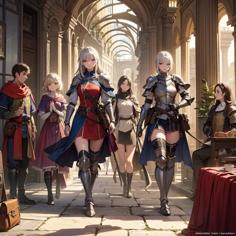 High quality, super detailed, top quality, highly detailed, beautiful, masterpiece, vibrant colors, shiny skin, perfect anatomy, female group, harem, knights, armor, medieval, fantasy, equipped with weapons, bag, pouch