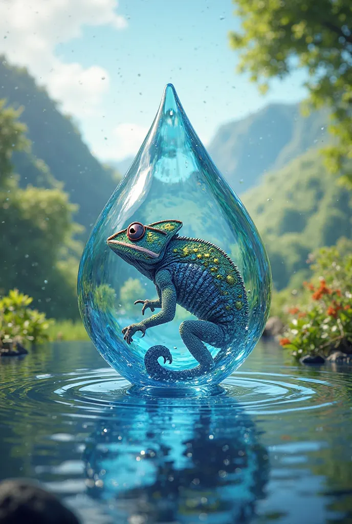 Striking logo on a drop of water, an animated chameleon and a landscape and a letter in the shape of a u that says water chameleon 