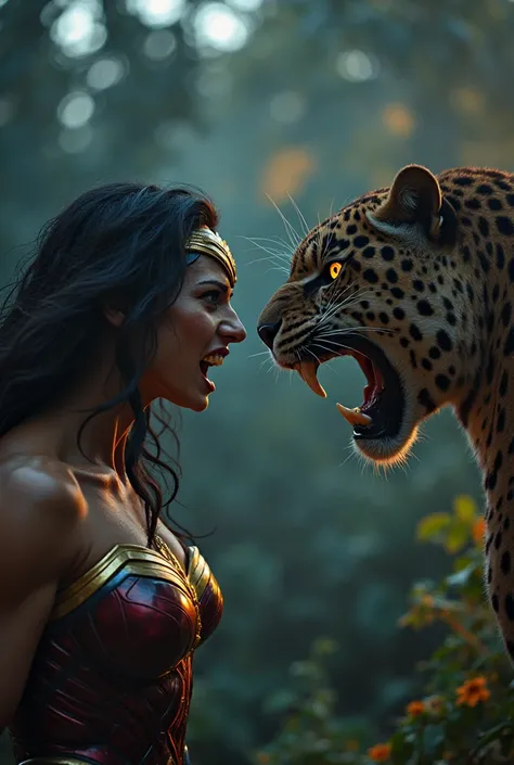 Ultra-realistic 4K cinematic scene featuring Wonder Woman, a fierce superhero with an intense and furious expression, wearing her iconic red and blue armor with gold details, face to face with an angry jaguar, her eyes glowing with anger and teeth showing....