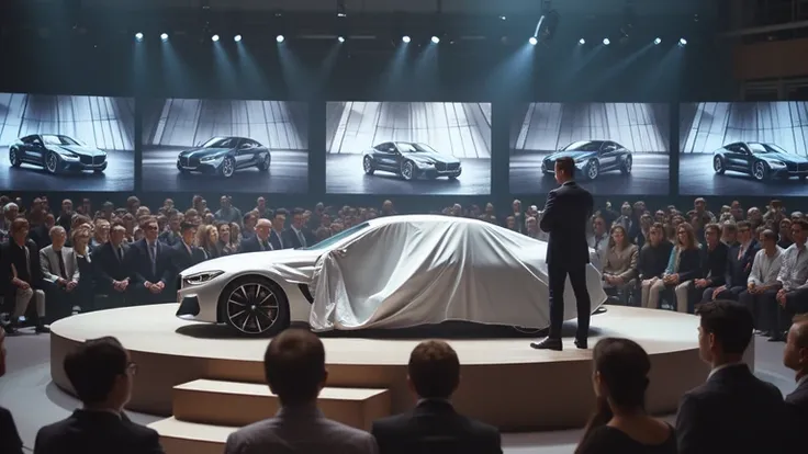 A realistic cinematic ultra HD 8K image of a BMW executive unveiling the 2025 BMW M9 at a private showcase event. The car is draped in a silk cover, which is being pulled back to reveal its sleek silhouette. The audience, composed of VIP guests and automot...